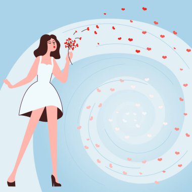 Bir demet güzel çiçek taşıyan bir kadın hafta sonlarını temsil eden sarmal içinde dolaşıyor. Çiçek açan kadın huzur dolu bir kalp çemberi sergiler..