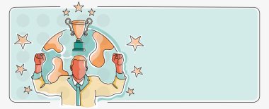 Yıldızlarla çevrili takım elbiseli iş adamı, projenin başarıya ulaşması için tezahürat yapıyor. Başarılı gol başarısını kutlayan adam.