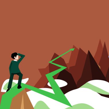 İş adamı Ufuk Oku 'nu izlerken mesafeyi işaret ederek gelecekteki proje başarısını simgeliyor. Hedeflere ulaşmayı. Yüksekliğe ulaşan adam başarılı kariyer başarısını temsil ediyor..