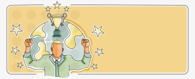 Yıldızlarla çevrili takım elbiseli iş adamı, projenin başarıya ulaşması için tezahürat yapıyor. Başarılı gol başarısını kutlayan adam.