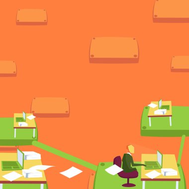 Takım lideri sanal olarak bilgisayar aracılığıyla iletişim kurar. Zaman ofisinde çalışan bir erkek. Üretken, dizüstü bilgisayarla basılı belgeleri işlemekle meşgul..