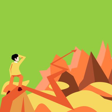 İş adamı Ufuk Oku 'nu izlerken mesafeyi işaret ederek gelecekteki proje başarısını simgeliyor. Hedeflere ulaşmayı. Yüksekliğe ulaşan adam başarılı kariyer başarısını temsil ediyor..