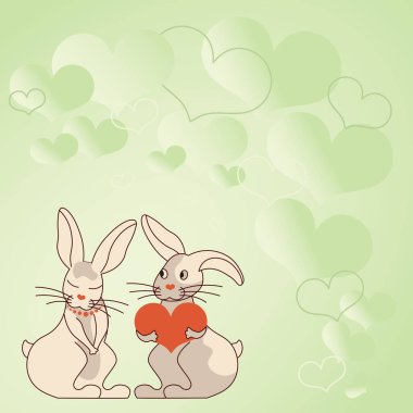 Kalp şeklinde hediyeleri olan iki tavşan, karşılıklı adak alışverişinde bulunan çiftleri gösteriyor. Tavşanlar tutkulu aşıkları güzel hediyelerle temsil eder..