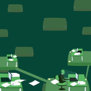 Takım lideri sanal olarak bilgisayar aracılığıyla iletişim kurar. Zaman ofisinde çalışan bir erkek. Üretken, dizüstü bilgisayarla basılı belgeleri işlemekle meşgul..