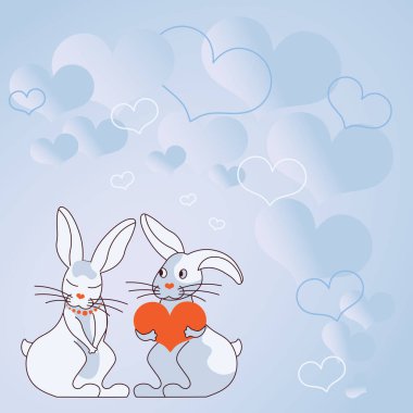 Kalp şeklinde hediyeleri olan iki tavşan, karşılıklı adak alışverişinde bulunan çiftleri gösteriyor. Tavşanlar tutkulu aşıkları güzel hediyelerle temsil eder..