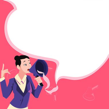 Kadın lider açıklama yapıyor. Resmi giyinmiş bir kadın dev bir konuşma balonu tutuyor. Başarı ve cesaret veren bir bayan. Eylemci protestocu.