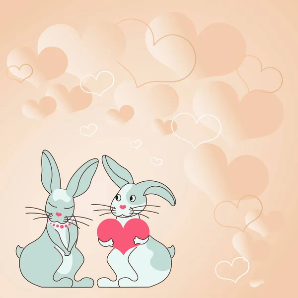 Dva králíci se srdcem ve tvaru darů se srdcem pozadí demonstrují páry vyměňovat oběti. Králíčci představují vášnivé milence s krásnými dárky. — Stockový vektor
