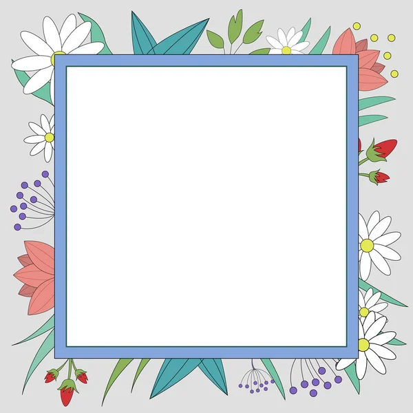 Blank frame decorated with colorful flowers and foliage arranged harmoniously. Empty poster border surrounded by multicolored bouquet organized pleasantly. — Vettoriale Stock