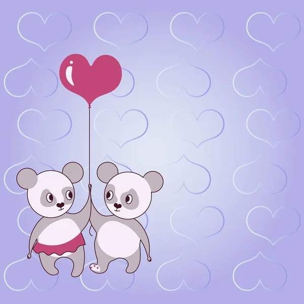 Dos osos sosteniendo globo en forma de corazón con corazones en el fondo muestran amor y armonía. Osito de peluche representa pareja apasionada con objetivos de amor. — Vector de stock