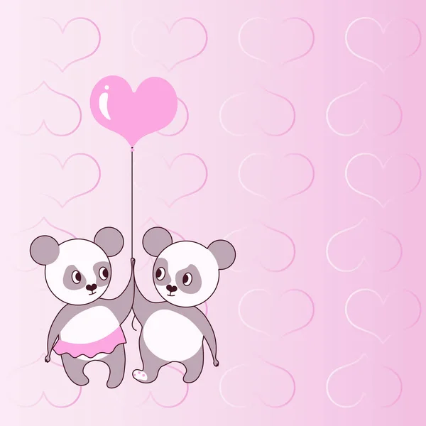 Two bears holding heart shaped balloon with hearts in the background display love and harmony. Teddy bear represents passionate couple with love goals. — 스톡 벡터