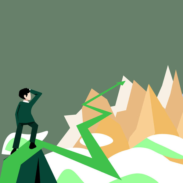 Businessman watching horizon arrow pointing distance symbolizing future project success achieving goals. Man reaching heights representing successful career achievement.