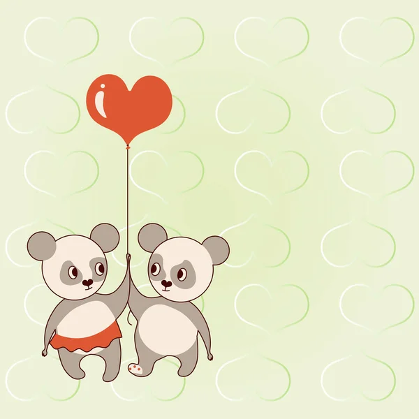 Dua beruang memegang balon berbentuk hati dengan hati di latar belakang menampilkan cinta dan harmoni. Teddy Bear mewakili pasangan yang bergairah dengan tujuan cinta.. - Stok Vektor