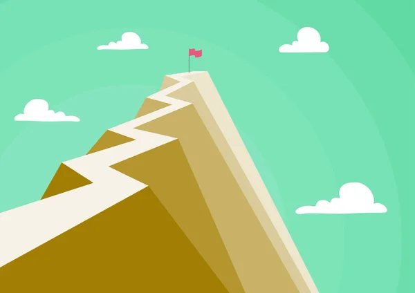Βουνό που δείχνει υψηλό δρόμο που συμβολίζει την επίτευξη στόχων με επιτυχία. Ψηλός λόφος που παρουσιάζει σημαία που καθορίζει την επίτευξη δημιουργικών σχεδίων που επιτυγχάνουν επιτυχία. — Διανυσματικό Αρχείο