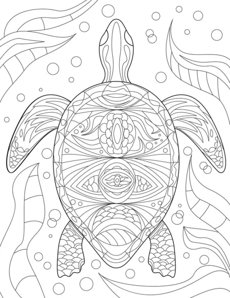 Vector lijn tekening gestileerde schildpad zwemmen versierd met bloemen. Digitale lineart afbeelding uitgebreid bloemmotief schildpad. Ontwerp van kunstwerken waterdieren. — Stockvector