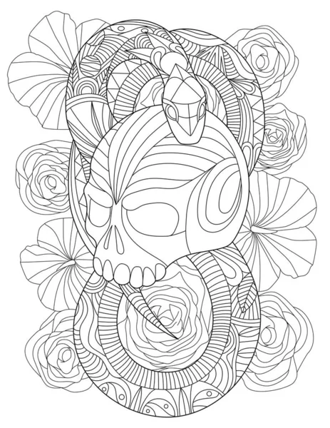 Wektor linii rysunek tatuaż wąż owijania czaszki ozdobione kwiatowy wzór tła. Cyfrowy wąż linearny obracający się wokół kości dekoracja kwiatowa. — Wektor stockowy
