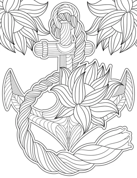 Vector line drawing anchor decorated flowers. Digital lineart image ship rope floral decoration. Outline artwork design boat equipment foliage adorned. — Stock Vector