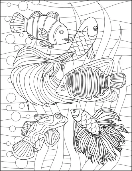 Vector lijn tekening vijf vissen gedetailleerde patronen zwemmen watertank. Digitale lineart afbeelding uitgebreide patroon waterdieren. Overzicht kunstwerk ontwerp zeedieren. — Stockvector