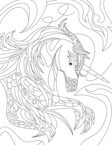 Abstract vector line drawing stylized unicorn decorated elaborate pattern mane. Digital lineart image horse leaves decorations fur. Outline artwork animal design. — Stock Vector