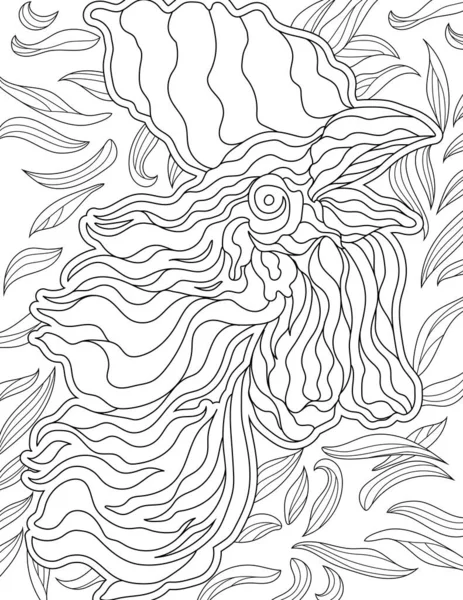 Linha vetorial abstrata desenhando bico de galo aberto. Imagem lineart digital fundo padrão de folhagem de frango. Desenho de arte esboço galinha animal folhas textura. — Vetor de Stock