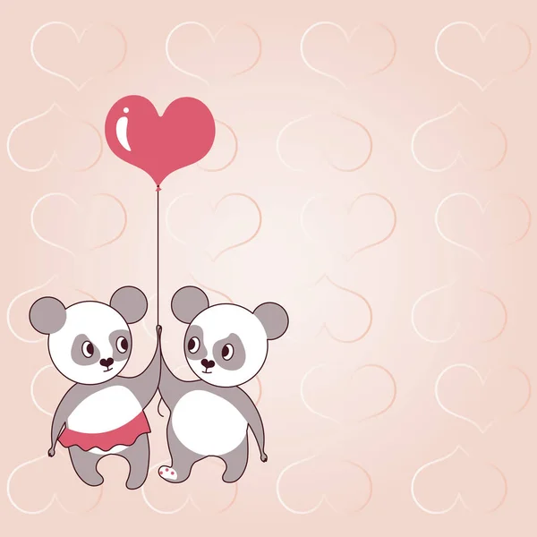 Két medve szív alakú léggömböt tart szívekkel a háttérben, szeretetet és harmóniát mutat. Teddy maci képviseli szenvedélyes pár a szerelem célokat. — Stock Vector