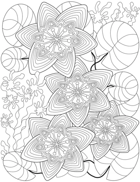 Vector line drawing stylized four lotus flowers floating leaves lake. Digital lineart image elaborate floral water lily swimming pond. Outline artwork flora design. — Stock Vector