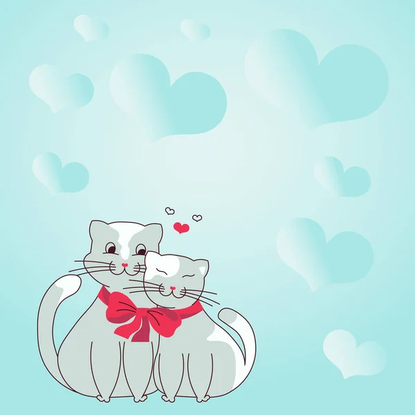Két macska összebújva masnival és szívvel a háttérben szeretetet és harmóniát mutat a szerelmesek között. A szív szimbólumai szenvedélyes párt jelképeznek, szerelmi célokkal. — Stock Vector