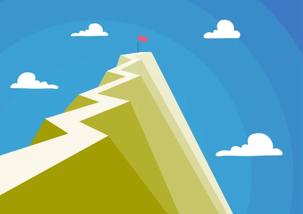 Mountain showing high road symbolizing reaching goals successfully. Tall hill presenting flag defining accomplishing creative projects plans achieving success. — стоковый вектор