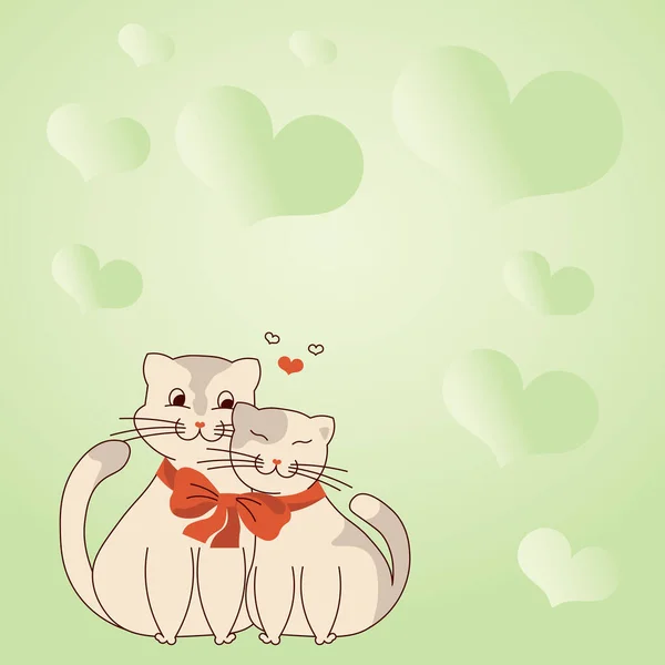 Δύο γάτες αγκαλιάζονται δεμένα μαζί με τόξο και καρδιές στο παρασκήνιο επιδεικνύουν αγάπη και αρμονία μεταξύ των εραστών. Τα σύμβολα καρδιάς αντιπροσωπεύουν παθιασμένο ζευγάρι με ερωτικούς στόχους. — Διανυσματικό Αρχείο