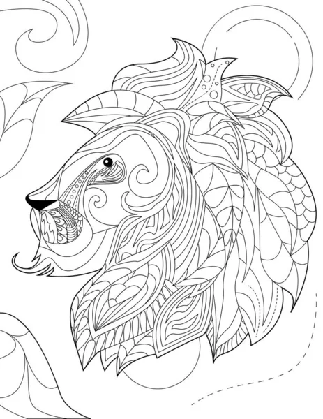 Abstract vector line drawing stylized lion foliage decorated pattern mane. Digital lineart image feline animal leaves decorations fur. Outline artwork wild cat design. — Stock Vector