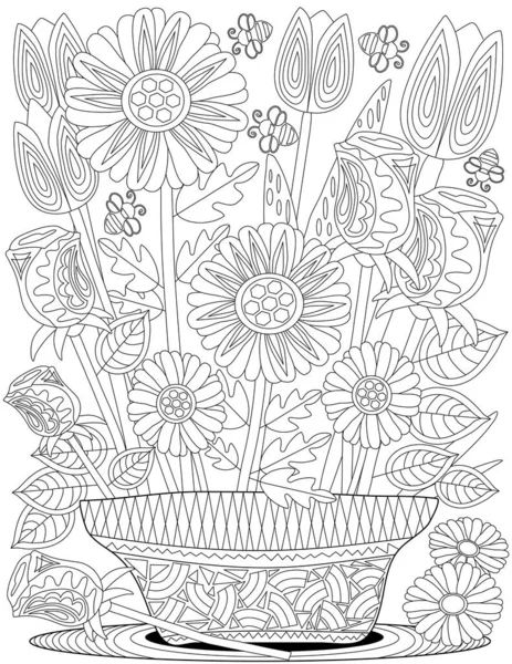 Vector line drawing elaborate flower pot sunflowers sitting for. Digital lineart image vase tulips decorating carpet. Outline artwork design flowers foliage plant stand. — стоковый вектор