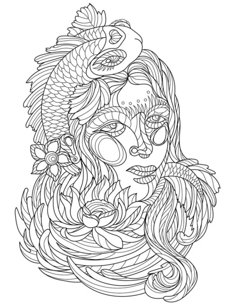 Vektör çizgisi çiçek desenli taç dalgalı saç. Dijital çizgili resim kadın çiçekli deniz dekorasyonu saç stili. Çizim tasarımı, kadın yaprakları, süslü baş.. — Stok Vektör