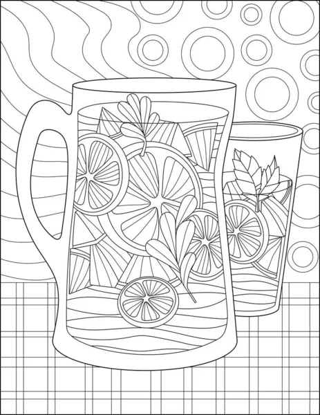 Linha de vetor que desenha dois copos cheios de suco de laranja de limão mesa de estar. Jarro de vidro de imagem linear digital segurando bebida cítrica. Desenho de arte design refrescante refrigerante. —  Vetores de Stock