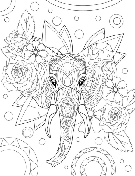 Abstract vector line drawing stylized elephant elaborate patterns floral decorations. Digital lineart image animal decorated flowers circular background texture. — Stock Vector