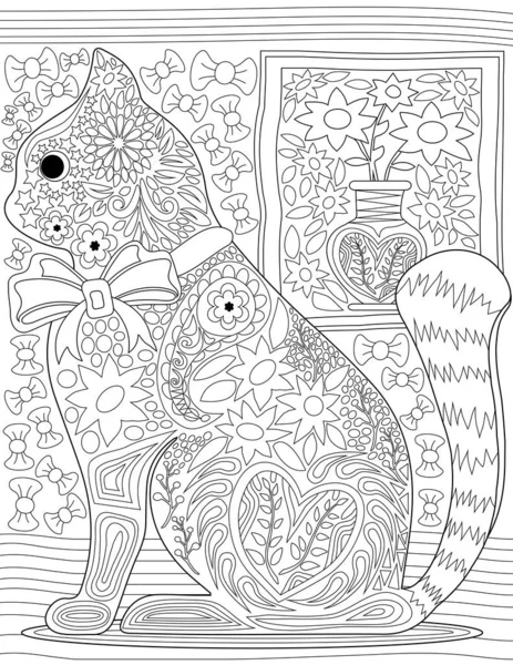 Abstract vector line drawing house cat wearing bow sitting floor floral picture background. Digital lineart image feline animal having ribbon collar flower patterns. — стоковый вектор