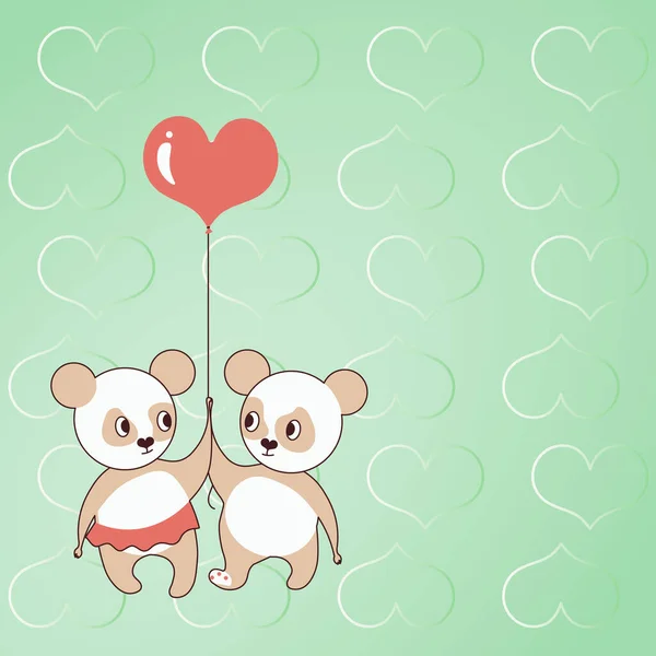 Két medve szív alakú léggömböt tart szívekkel a háttérben, szeretetet és harmóniát mutat. Teddy maci képviseli szenvedélyes pár a szerelem célokat. — Stock Vector