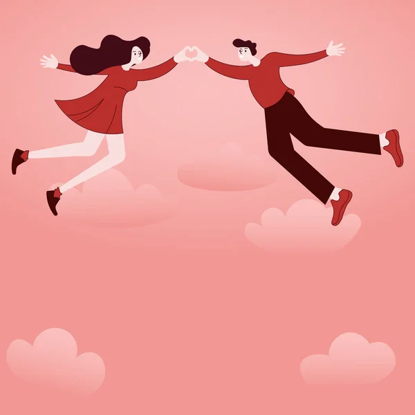 Hombre y mujer tomados de la mano representan el cuidado del amor durante San Valentín. Manos formando corazón muestra pareja romántica apasionada sonriendo disfrutando de sus encantadores sueños. — Archivo Imágenes Vectoriales