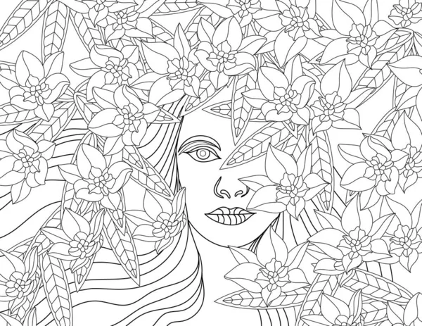 Vektör çizgisi çiçek desenli taç dalgalı saç. Dijital çizgili resim kadın çiçek desenli saç stili. Çizim tasarımı, kadın yaprakları, süslü baş..
