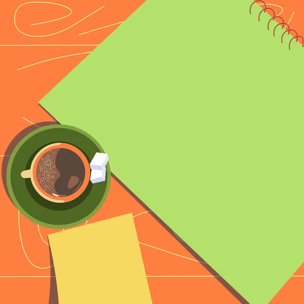 Coffee cup sitting on desk with notebook representing relaxed working space ability for improvement. Notepad placed on table shows successful routine achieving goals. — стоковый вектор