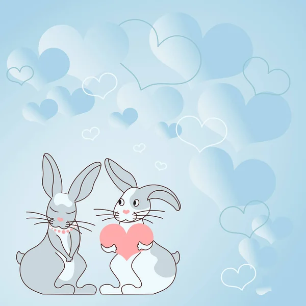 Two rabbits with heart shaped gifts with heartful background demonstrate couples exchanging offerings. Bunnies represent passionate lovers with lovely presents. — стоковый вектор