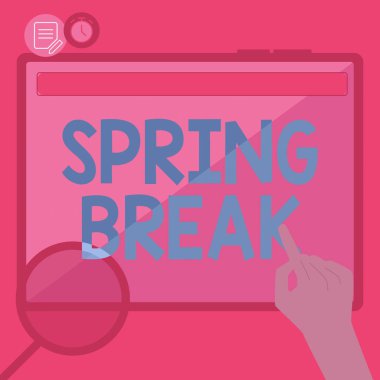 İlham verici bahar tatilini gösteren bir metin. Yeni İnanılmaz Fikirler İçin Büyük Tablet Arama Planları Kullanımı sırasında okullarda ve üniversitelerde İnternet Konsepti Tatil Dönemi