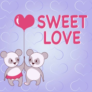 El yazısı tabelası Tatlı Aşk. Sevgililer Günü 'nün kutlu olsun. Balon taşıyan ayılar aşk hedefleri olan tutkulu çifti temsil ediyor..