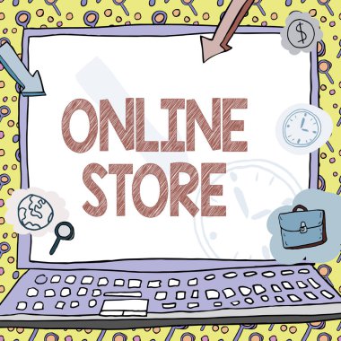Çevrimiçi Mağaza yazısını gösteren bir ilham. Satılık eşyalar sunan ve kredi kartı kabul eden kavramsal fotoğraf A web sitesi çalışanların dakikliğini gösteren parasal sembollerle süslenmiş poster.