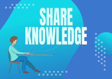Text sign showing Share Knowledge. Word for teaching others what I learnt before Giving lectures Person sitting desk using computer working towards reaching goals.