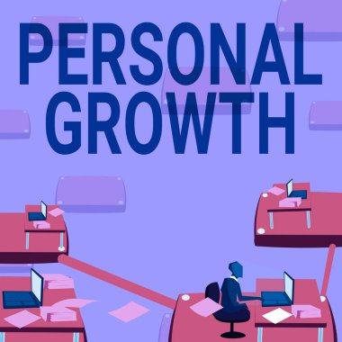 Kişisel Büyümeyi gösteren bir tabela. Yeteneklerinizi geliştirmek için yazılan sözcük yeni malzemeler öğrenin erkek ofis çalışanı mevcut ofis malzemelerinden yararlanın.