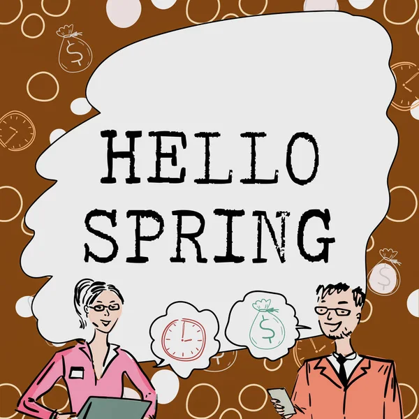 Tekst met inspiratie Hello Spring. Concept betekent verwelkomen van het seizoen na de winter Bloeien van bloemen Teamleden op zoek naar whiteboard Brainstorming New Solutions. — Stockfoto