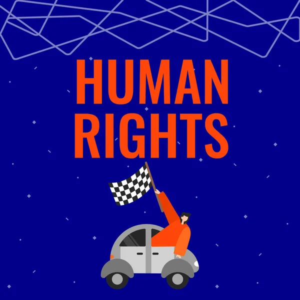 Conceptual caption Human Rights. Internet Concept Moral Principles Standards Norms of a showing protected by Law Businessman Waving Banner From Vehicle Racing Towards Successful Future. — Zdjęcie stockowe