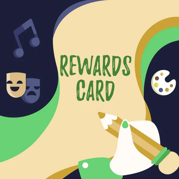 Text showing inspiration Rewards Card. Business concept Help earn cash points miles from everyday purchase Incentives Hand Using Pencil Strategizing Newest Innovative Creative Goal Plans. — Zdjęcie stockowe