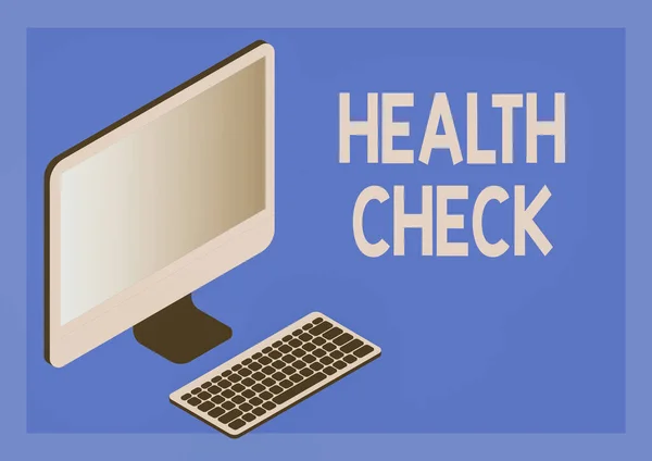 テキストの健康チェックを表示する書き込み。ビジネスアプローチ健康診断および一般状態検査同僚間のオンライン接続を象徴するキーボードを持つモニター. — ストック写真