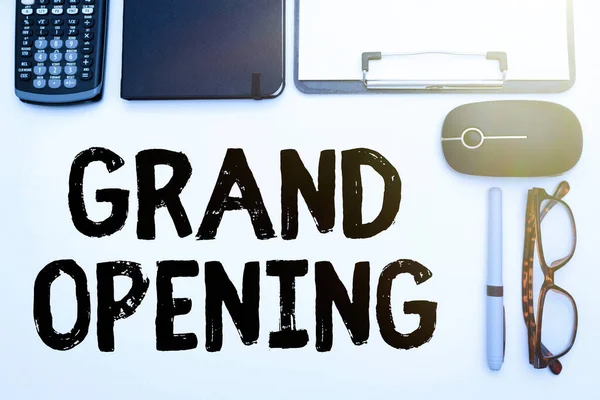 Inspiration showing sign Grand Opening. Word Written on Ribbon Cutting New Business First Official Day Launching Flashy School Office Supplies, Teaching Learning Collections, Writing Tools, — ストック写真