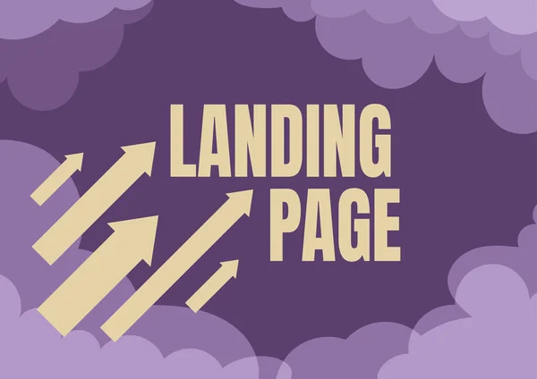 Εννοιολογική απεικόνιση Landing Page. Επιχειρηματική ιδέα Ιστοσελίδα πρόσβαση κάνοντας κλικ σε ένα σύνδεσμο σε μια άλλη ιστοσελίδα Βέλη κινείται γρήγορα προς τον ουρανό που περιβάλλεται από σύννεφα επίτευξη στόχων — Φωτογραφία Αρχείου